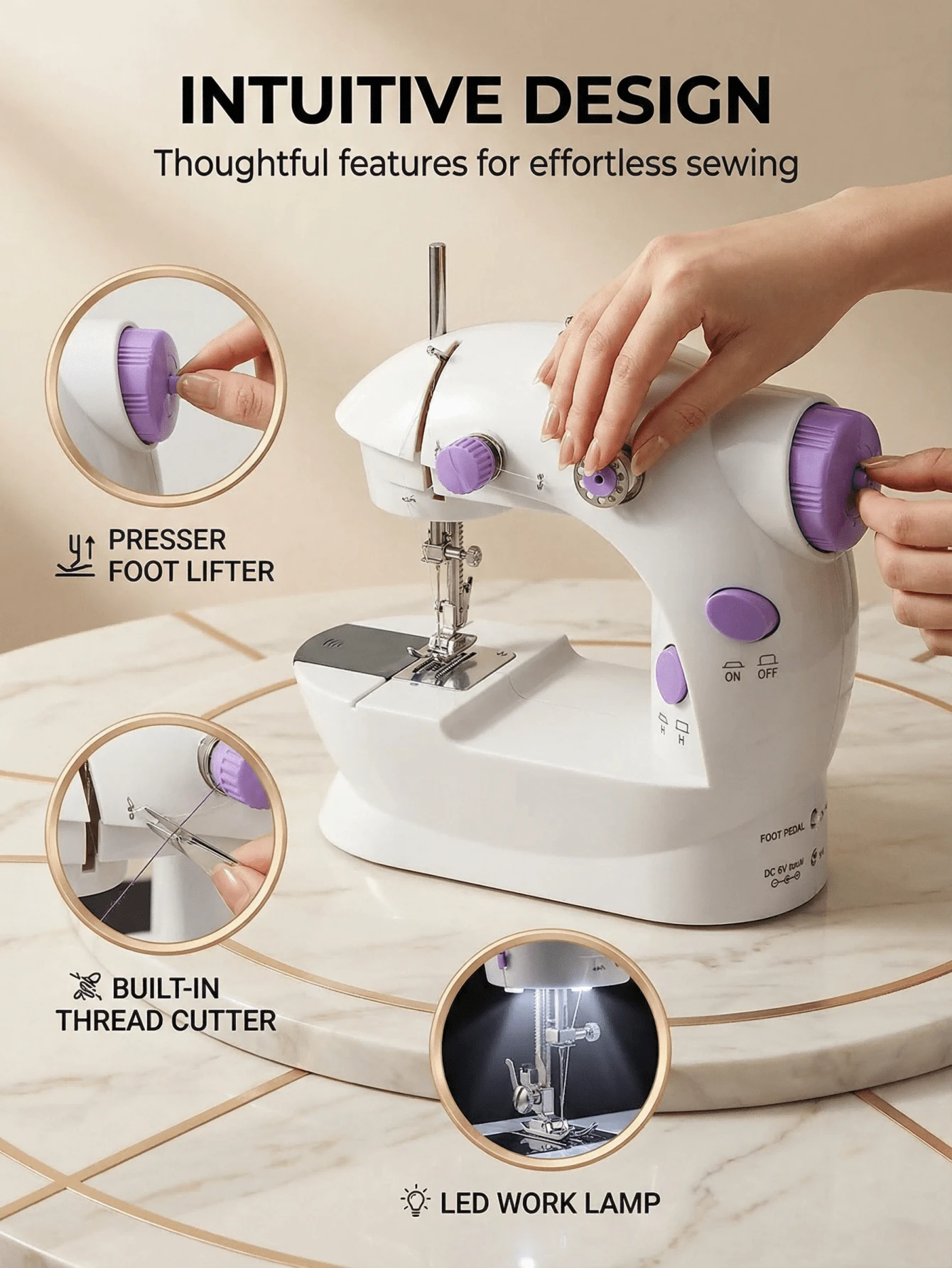 Mesin Jahit Mini Elektrik untuk Pemula, Multifungsi, Overlock Meja, Pemasangan Benang Otomatis, 2 Jalur, Cocok untuk Pakaian/Boneka/Hewan Peliharaan/Kerajinan Tangan, Sederhana, Cocok untuk Pemula dan Penggemar. - Mauve Purple - View 1