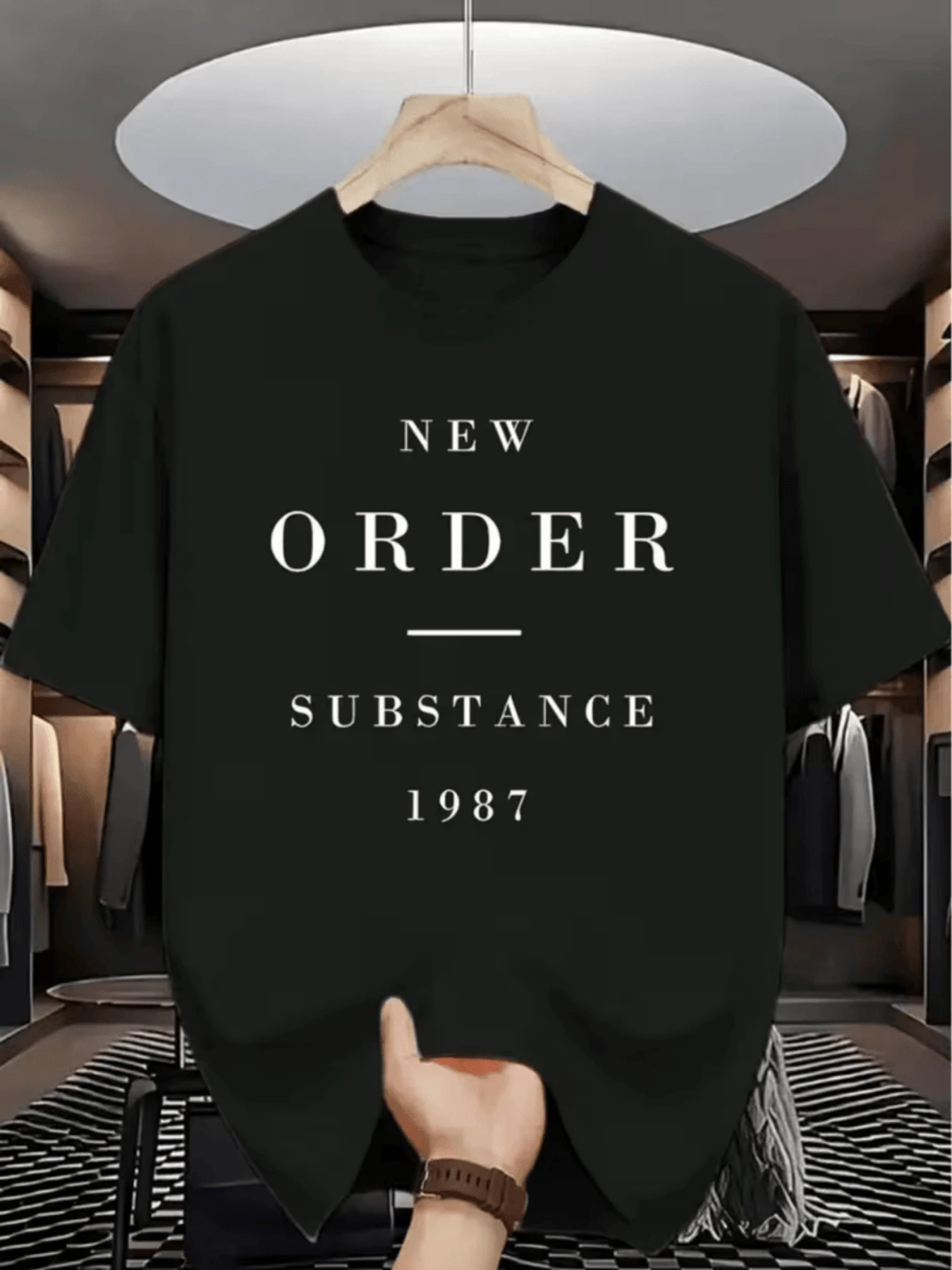 Palabras NEW ORDER SUBSTANCE 1987 representan renovación y fuerza camiseta de hombre moderna casual cómoda para diario - Negro - Ver 1
