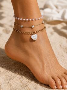 3pcs/Set Korean Style Gentle Pearl Heart Anklet For Women, Summer Beach Outfit Accessory - Gold - View 1