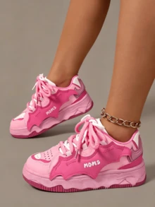 Women's Lace Up Shoes, Round Toe Thick Soled Shoes, European And American Style Sports Shoes, Fashionable Sports Shoes, Color Matching Sports Shoes - 玫瑰紅 - 查看 10