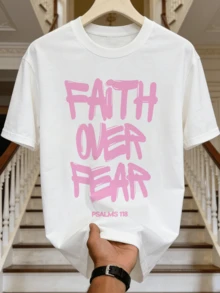 Men's Summer Casual Soft Round Neck Short Sleeve-Shirt,Pink Faith Over Fear Graffiti Style Bible Verse Print Graphic Is Suitable Daily Wear. - White - View 4