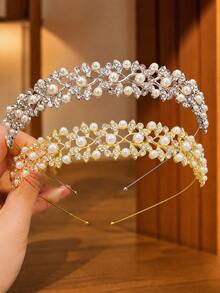2pcs/Set Kids Girls Gold Silver Faux Pearl Rhinestone Leaf Tiara Headbands For Birthday Party, Princess Dress-Up, Performance, Theme Park & Photos - Multicolor - View 9