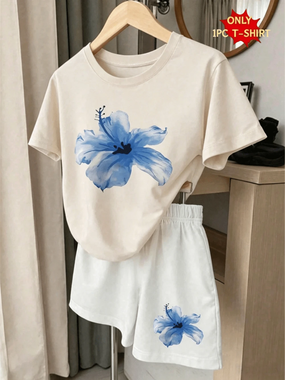 Toddler Girls Clothes Set, Men's 1 Pc T-Shirt For Girls, Creative Fashion For Little Girls With Refreshing Blue Floral Print - 杏色 - 查看 1