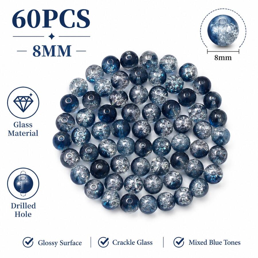 60pcs/100pcs 8mm Dual-Color Gradient Crackle Glass Beads, Cracked Texture Aesthetic Beads, Loose Pre-Drilled Round Beads For Handmade Crafts, Suitable For Jewelry Making, DIY Bracelets, Phone Chains, Necklaces, Earrings, Keychains, Bag Accessories And More - Multicolor - View 1
