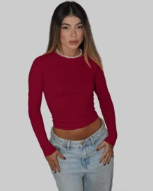 KIT 2 BASIC BLOUSE SECOND SKIN LONG SLEEVE COLD ROUND NECK CACHAREL ELEGANT CASUAL AITONA - BLACK/BURGUNDY - View 3
