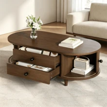 Round Coffee Table With Roll-Up Doors, Walnut Wood Coffee Table With 2 Drawers, Side Table, MDF Living Room Table, Sofa Table With Solid Wood Legs, 100*50*36cm, Load Capacity Up To 50 Kg. - 胡桃木色 - 查看 3