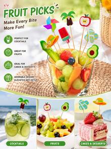 20 piezas de palillos de frutas de verano con diseño de dibujos animados, adecuados para bandejas de frutas, cócteles, bebidas, pasteles, decoración de postres, palillos de comida de estilo tropical, cumpleaños, fiesta de playa hawaiana, decoración de mesa de banquete de buffet, suministros para fiestas - Brochetas de bambú con dibujos animados (diseño aleatorio) - Ver 2