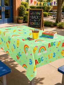 1pc-Back-To-School Cartoon Educational Tablecloth, Round And Rectangular Universal Washable Tablecloth, Green Background With Letter, Number, Rainbow Pencil Print, Suitable For Student Classroom Study Desks And Back-To-School Party Desktop Decoration - Multicolor - View 5