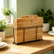 2026 Label Marked Bamboo Cutting Board Collection With Storage Stand, Rustproof Metal Frame Chopping Board Organizer, Multipurpose Kitchen Accessory For Home Food Cutting & Classification Storage - Camel - View 1