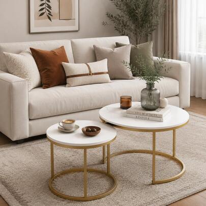 IANIYA 2-Piece Nesting Coffee Table Set – Round Wood-Grain Marble Top With Metal Frame, 27.6" Diameter – Modern Living Room & Bedroom End Tables – Compact Side Tables For Balcony, Patio, Yard