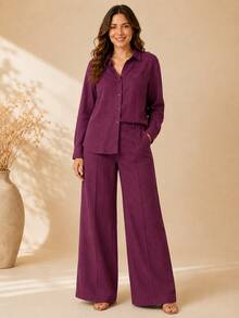Women's Viscose Linen Set: Long-Sleeved Shirt With Buttons + Lined Wide-Leg Pants. Lightweight And Breathable Fabric. Elegant Casual Look For Work, Outings, And Everyday Wear. - 酒紅色 - 查看 2