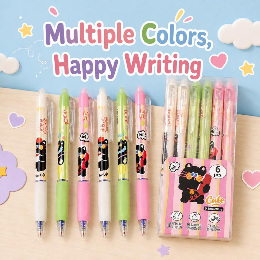 6/12pcs Black Cat Design Retractable 0.5Mm Erasable Gel Pens,Blue Ink,Comfortable Grip, Quick-Drying,Back To School Supplies Essentials - Multicolor - View 1