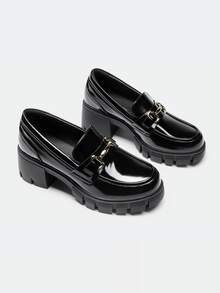 Women's Platform Loafers 2.17 Inch Chunky Heel Flats Round Toe Slip-On Loafers, Casual Vintage Elegant Pumps Shoes - BLACK-PAT - View 2
