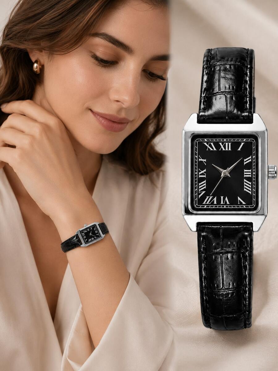 1pc Women's Luxury Fashion Square Dial Black PU Leather Quartz Watch, Minimalist Casual Dress Wristwatch, Elegant Quartz Dress Watch For Daily Wear, Ideal Gift For Girlfriend, Wife And Mother, Fashion Minimalist Women's Quartz Watch, Sleek Square Design Women's Wristwatch, Perfect Gift For Loved Ones And Family - Black - View 1