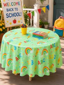 1pc-Back-To-School Cartoon Educational Tablecloth, Round And Rectangular Universal Washable Tablecloth, Green Background With Letter, Number, Rainbow Pencil Print, Suitable For Student Classroom Study Desks And Back-To-School Party Desktop Decoration - Multicolor - View 15