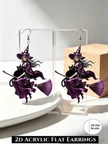 Pendientes de acrílico con diseño plano 2D de bruja morada montada en escoba, ganchos de oreja de acero inoxidable, adecuados para uso diario y fiestas, adecuados para aniversario, Acción de Gracias, Halloween, Navidad, pendientes para todas las estaciones - Bruja Púrpura - Ver 4