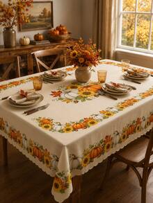 1pc-Fall Pumpkin Maple Leaf Round Tablecloth, Autumn Berry Vine Table Cover With Cream Background, Scalloped Lace Style Edge For Thanksgiving Home Dining Decor - Multicolor - View 8