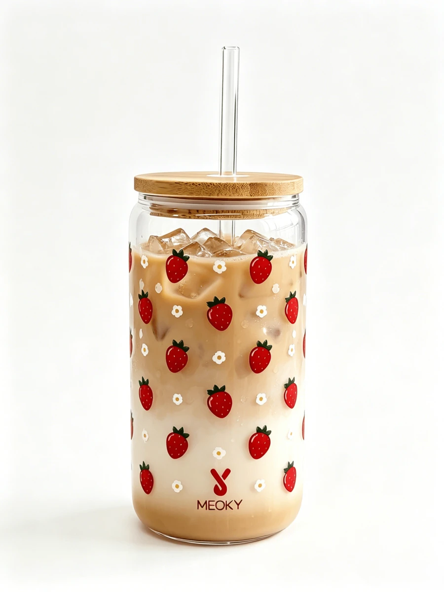 MEOKY 16oz Glass Cup With Lid And Straw, Cute Pattern Clear Borosilicate Glass Tumbler, Daily Drinking Cup For Home, Office Coffee, Back To School & Holiday Gift, For Girls And Students
