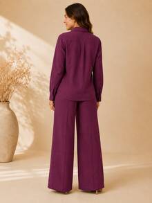 Women's Viscose Linen Set: Long-Sleeved Shirt With Buttons + Lined Wide-Leg Pants. Lightweight And Breathable Fabric. Elegant Casual Look For Work, Outings, And Everyday Wear. - 酒紅色 - 查看 7
