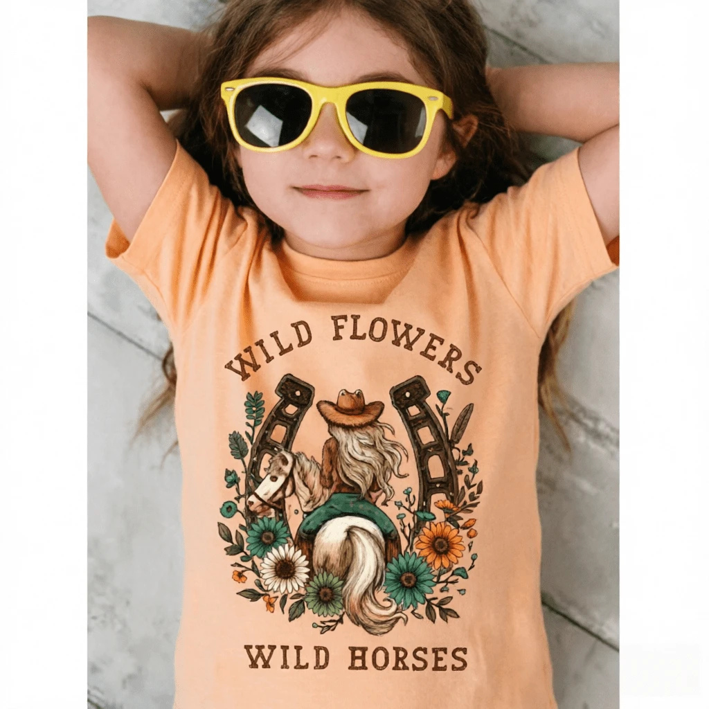 Summer 2026 Girls' Clothing, 1pc Fashionable Children's T-Shirt With Wildflower Graphic Print, Summer T-Shirt With Floral Wild Horse Personality In Black, White And Pink - 杏色 - 查看 1