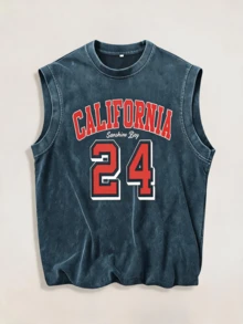 Zhuo Tianxi - Camiseta de tirantes con cuello redondo para hombres "Estilo de baloncesto - La leyenda del baloncesto 24" con efecto desgastado - Azul - Ver 1