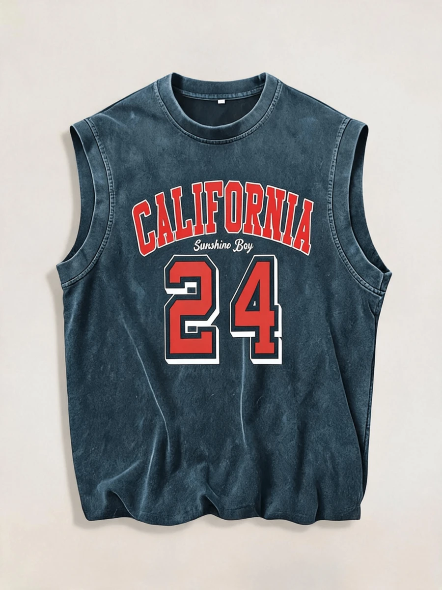 Zhuo Tianxi - Camiseta de tirantes con cuello redondo para hombres "Estilo de baloncesto - La leyenda del baloncesto 24" con efecto desgastado - Azul - Ver 1