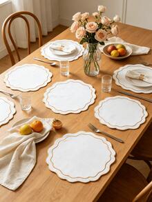 1-4pcs Red & White Contrast Color Placemats, French Luxury Linen Wavy Edge Waterproof Heat-Resistant Table Mats, Home Holiday Table Decor - Multicolor - View 2
