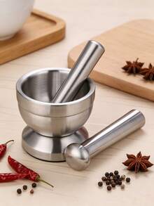 1 Set Stainless Steel Mortar And Pestle With Non-Slip Base, Spice Grinder, Kitchen Utensil, Multi-Function Crusher, Suitable For Garlic, Chili And Pepper - Silver - View 3