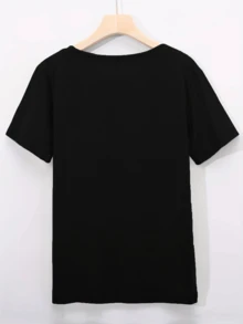 Playera algodón mujer casual cuello redondo manga corta largo regular estampado árbol y mariposa - Negro - Ver 4