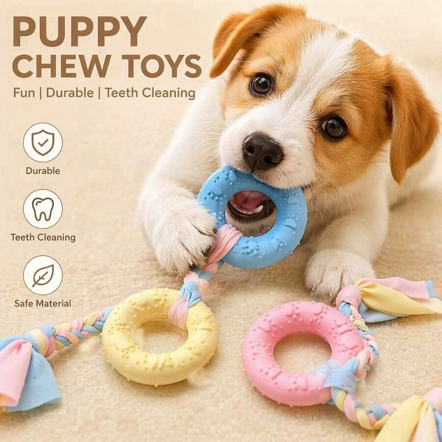 Puppy Keep 耐咬狗玩具套組,馬卡龍色 TPR 橡膠磨牙玩具,緩解無聊,互動幼犬遊戲,骨頭、球、星星、甜甜圈造型寵物用品 - 彩色 - 查看 1
