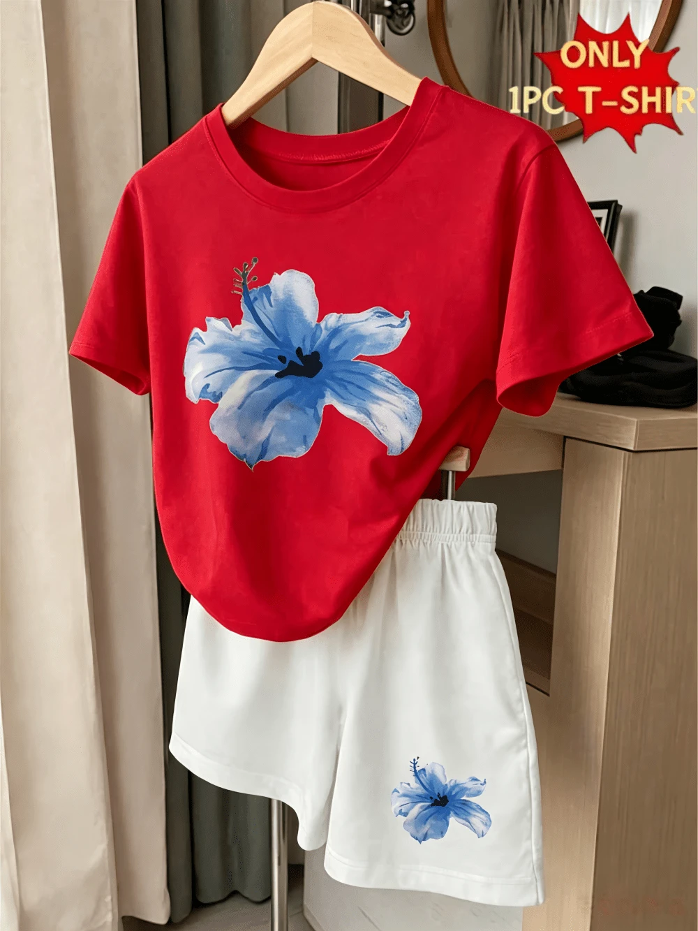 Toddler Girls Clothes Set, Men's 1 Pc T-Shirt For Girls, Creative Fashion For Little Girls With Refreshing Blue Floral Print - Red - View 1