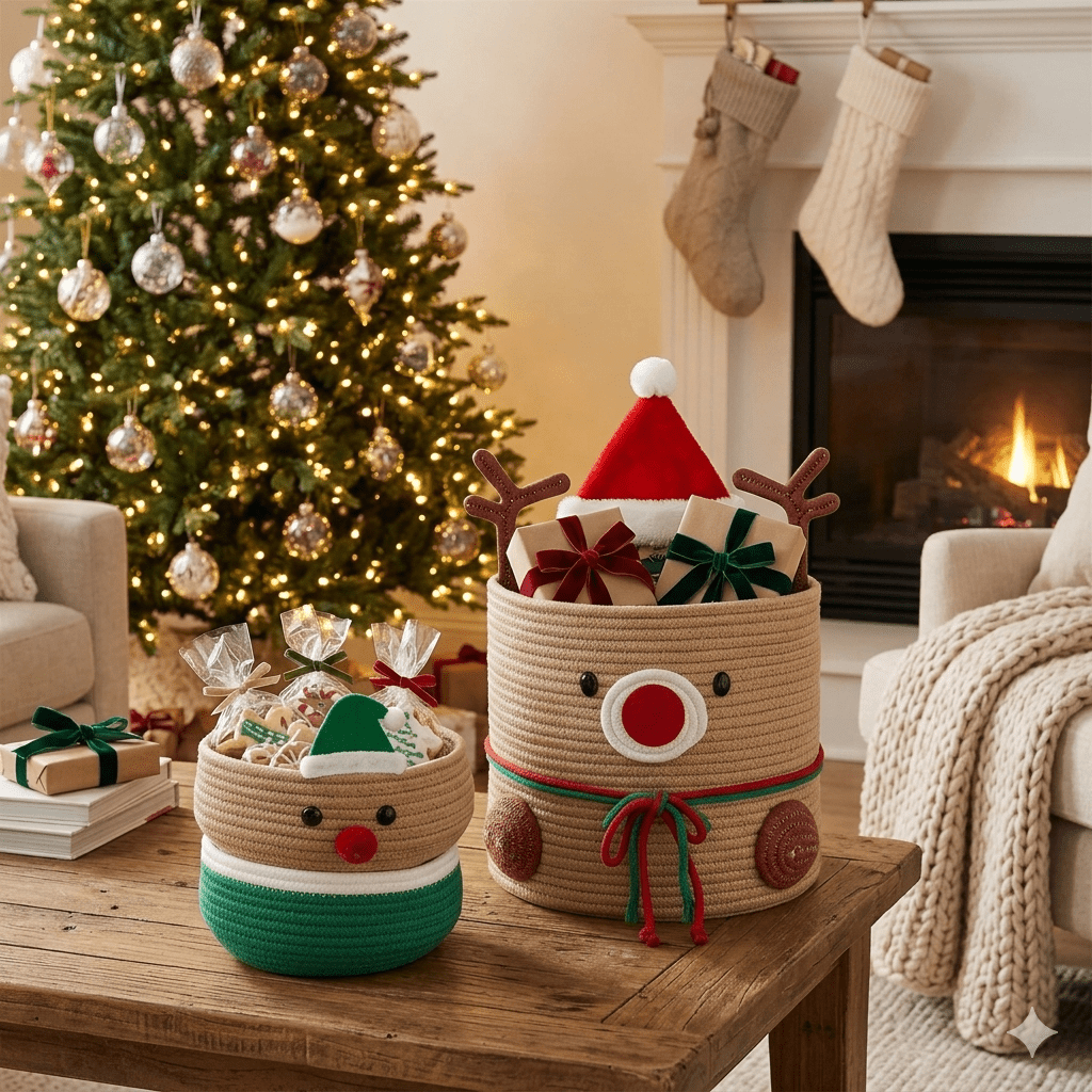 2 Größen Cartoon Rudolph Rentier Baumwollseil Aufbewahrungskörbe, weiche gewebte Weihnachtsfeiertags Aufbewahrungskisten mit 3D Geweih Dekor, atmungsaktive runde Aufbewahrungskörbe für Spielzeug, Weihnachtssüßigkeiten, verschiedene Kleinigkeiten, dient auch als Feiertags Heimdekoration