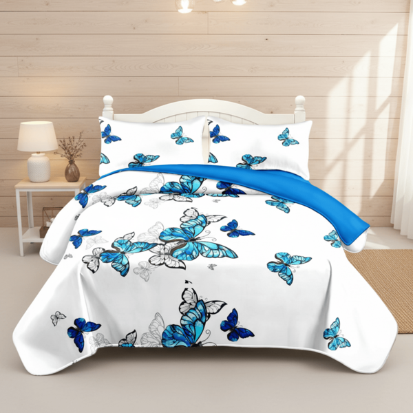 Reylox King Queen Size Blue Butterfly 3 Piece Bedding Set – Includes Coverlet & Pillow Shams Ultra‑Soft Wrinkle‑Resistant Cozy Curtains For Living Room Bedroom Decor