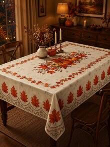 1pc-Autumn Maple Leaf Round Tablecloth, Beige Fall Table Cover With Orange Leaf Pattern, Elegant Harvest Printed Border For Thanksgiving Dinner Party Kitchen Decor - Multicolor - View 8