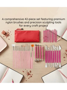 42PCS Aesthetic Pink Clay Tool Set – Includes Detail Brushes, Carving Knives And Stylus – Complete Pottery Kit With Red Storage Bag - Multicolor - View 1