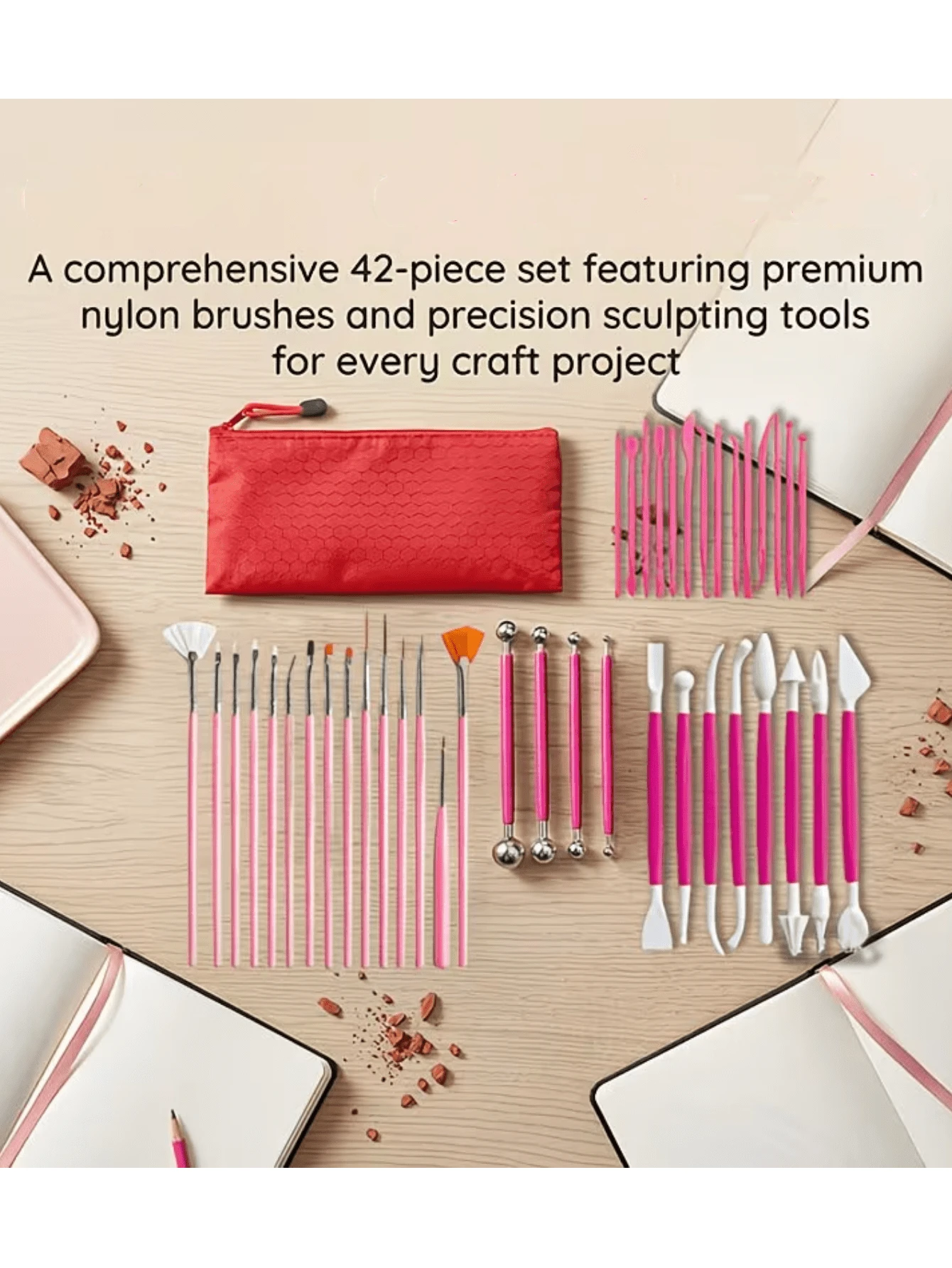 42PCS Aesthetic Pink Clay Tool Set – Includes Detail Brushes, Carving Knives And Stylus – Complete Pottery Kit With Red Storage Bag - Multicolor - View 1