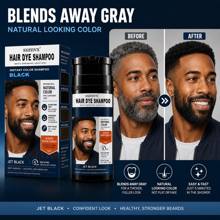 Men's Instant Black Beard Dye Shampoo - 5 Min Fast Acting, Keratin Power Complex, Covers Gray, Natural Look, Long Lasting - Black - View 1