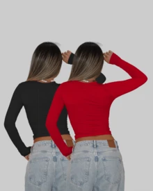 KIT 2 BLUSA BÁSICA SEGUNDA PELE MANGA LONGA FRIO GOLA REDONDA CACHARREL ELEGANTE CASUAL AITONA - PRETO/VERMELHO - Visão 3