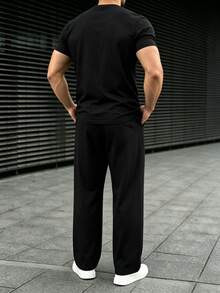 2pcs/Set Men's Letter Print Knit Crew Neck Short Sleeve T-Shirt And Loose Straight Leg Casual Pants, Suitable For Spring/Summer, Comfortable Style - Black - View 2
