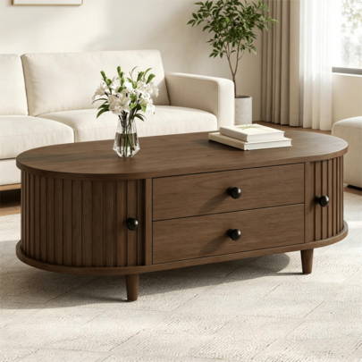 Round Coffee Table With Roll-Up Doors, Walnut Coffee Table With 2 Drawers, Side Table, MDF Living Room Table, Console Table With Solid Wood Legs, 100 * 50 * 36 Cm, Maximum Load 50 Kg