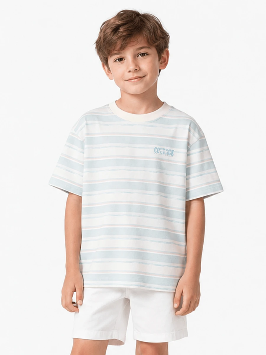 Balabala Kaos Lengan Pendek Anak Laki-Laki Motif Garis-Garis Musim Panas, Cepat Kering, dan Bernapas - biru dan putih - View 1