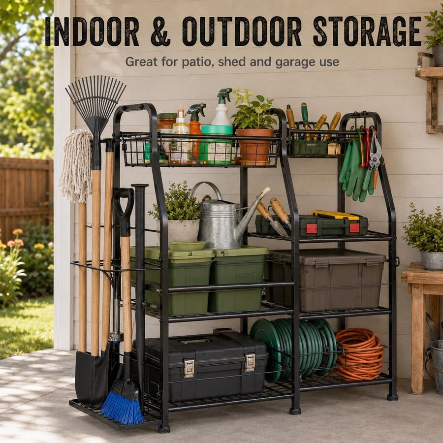 Utility Storage Rack– Garage Organizer With Elastic Rope & Wire Mesh, Heavy Duty Storage Shelf For Tools, Sports Gear, Toys, Equipment, Indoor/Outdoor Use, Space-Saving Garage Storage System, Black - Black - View 1