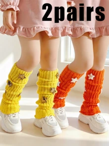 2 Pairs Girls' Sequin Star Knit Slouch Leg Warmers, Yellow & Orange Contrast Color Ribbed Long Leg Warmers, Sweet & Cool Y2K Baby Versatile Leggings, Daily Wear Decorative Leg Warmers - Multicolor - View 1