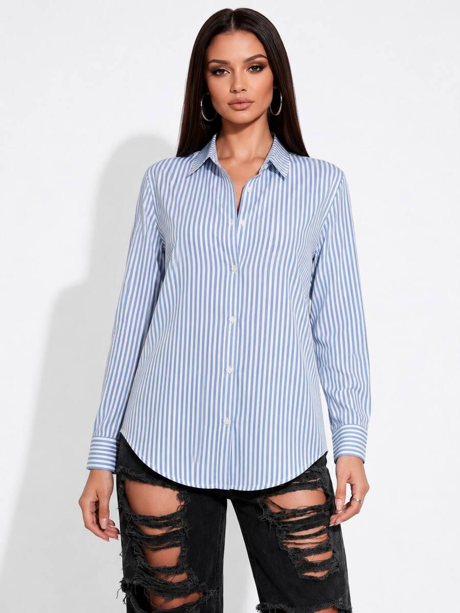 Women's Long-Sleeved Striped Linen Shirt In Colorful And Vibrant Leopard Print. - Baby Blue - View 1