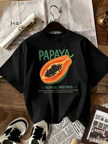 Linglong damt-t-shirt med rund hals och papayamönster, bekväm och trendig, perfekt för vår och sommar. - Svart - Visa 2