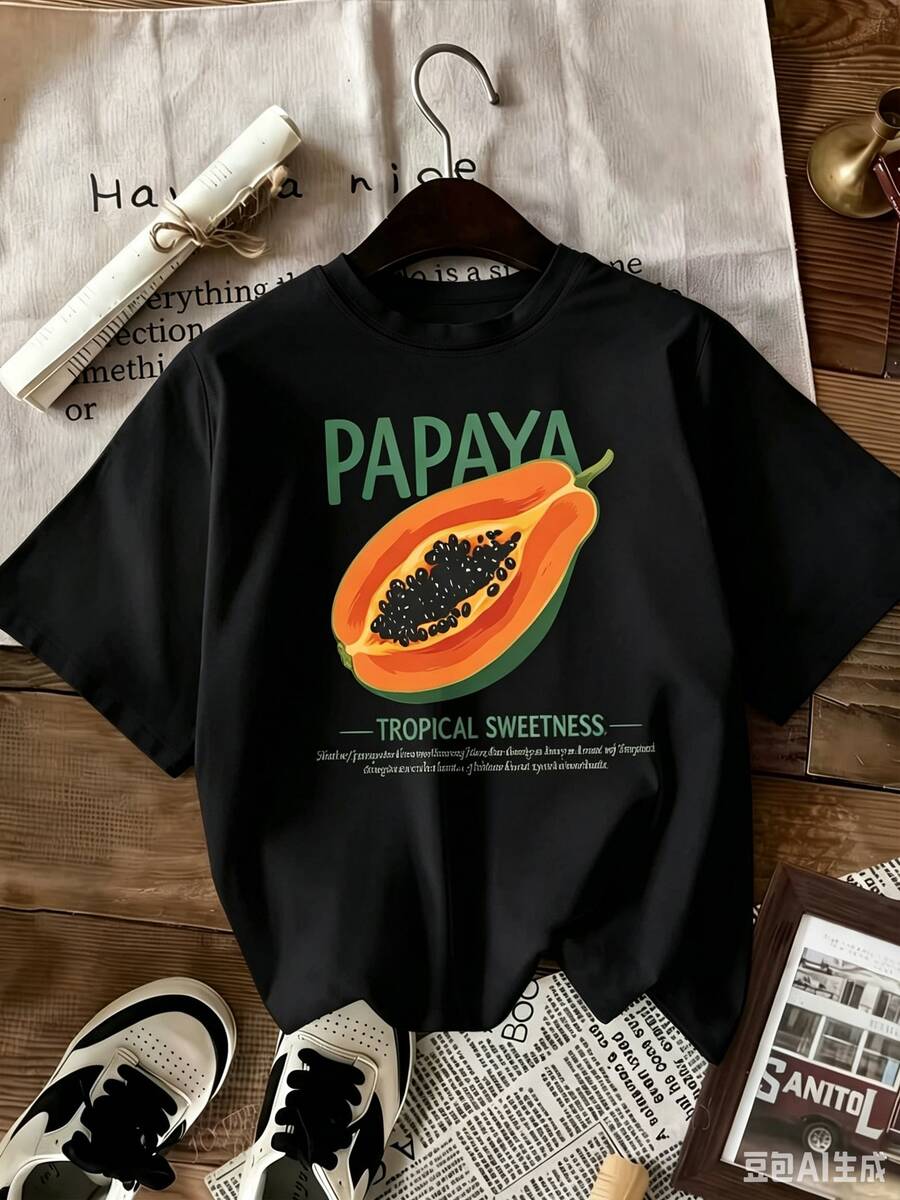 Linglong damt-t-shirt med rund hals och papayamönster, bekväm och trendig, perfekt för vår och sommar.