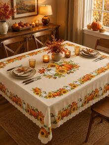 1pc-Fall Pumpkin Maple Leaf Round Tablecloth, Autumn Berry Vine Table Cover With Cream Background, Scalloped Lace Style Edge For Thanksgiving Home Dining Decor - Multicolor - View 9