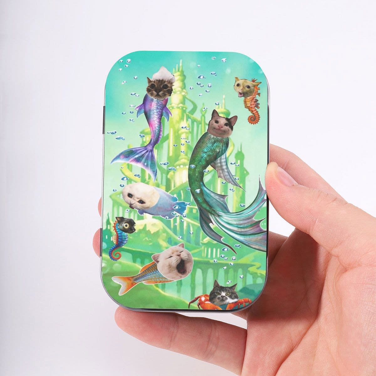 1個錫製小金屬盒，附蓋金屬盒，印有貓咪抓魚圖案，便攜收納盒，居家裝飾，節日禮物 - 查看 1
