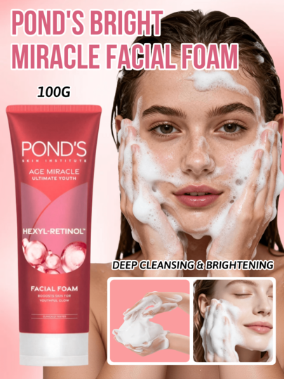 Pond's 100g Limpiador en espuma blanqueador Miracle White de Ponds, anti-envejecimiento, reduce las arrugas, desintoxicación de poros profundos, elimina instantáneamente el aspecto apagado, limpia las impurezas, micro-espuma, espuma instantánea, refrescante después del lavado, control del aceite, exfoliación suave, textura sedosa, 20x talla grande luminosidad, pH neutro