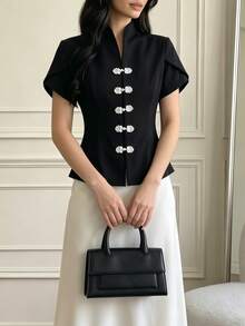 Damen Frühling/Sommer elegante neue chinesische Stil Froschknopf Stehkragen Kurzarm Bluse, Weiß Kontrast Froschknopf Schwarz - Schwarz - Übersicht 4